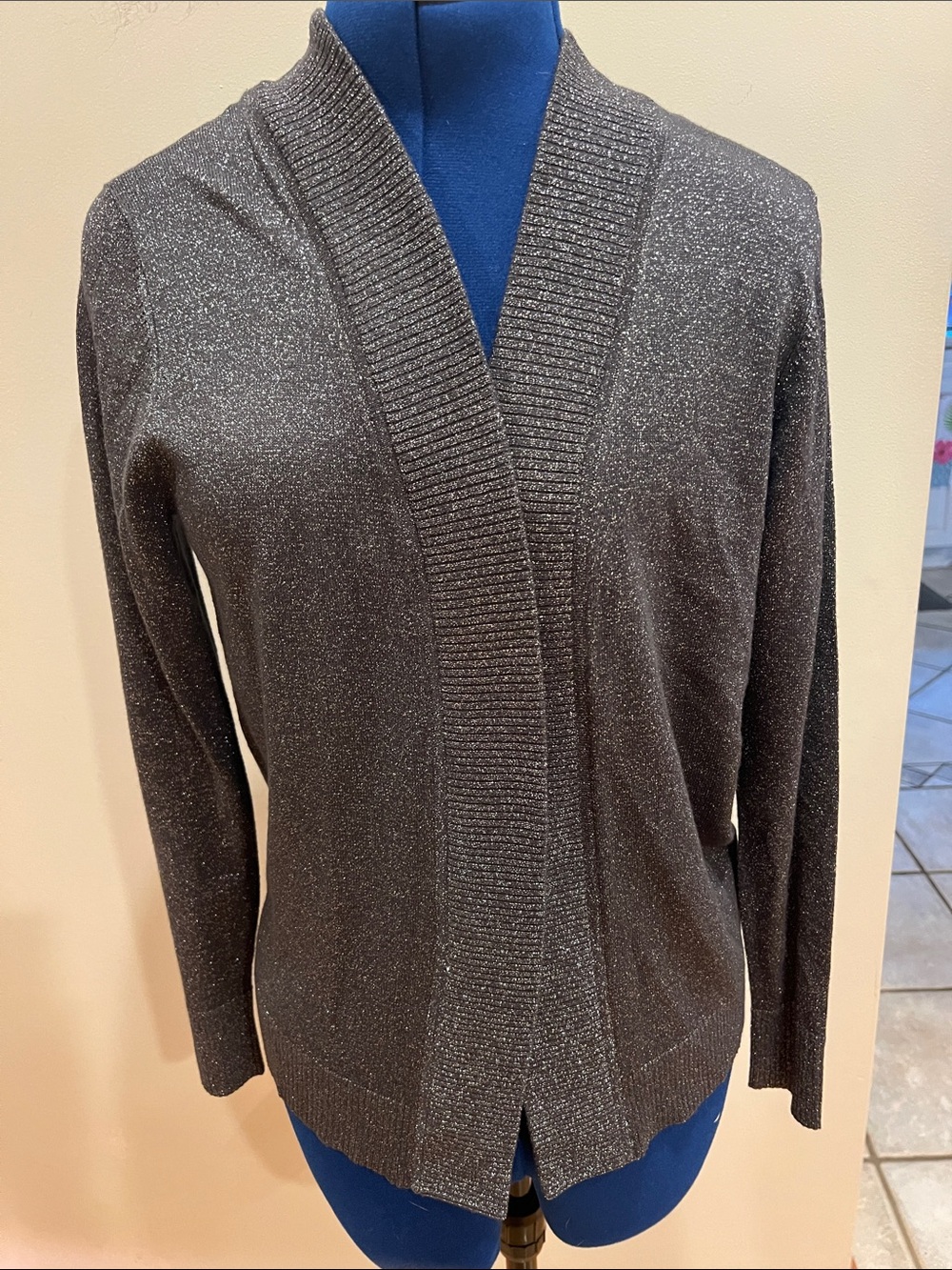 Worthington Metallic Open-Front Cardigan in Charcoal